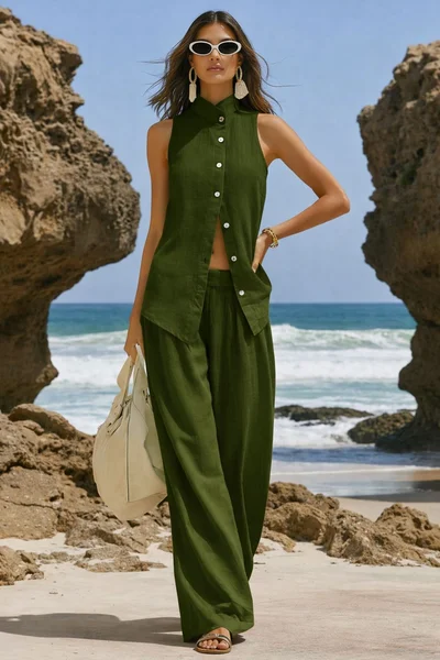 Women Plain Two-Piece Set Daily Sleeveless Casual Summer Top With Pants Matching Set, Green, Sets
Women Plain Two-Piece Set Daily Sleeveless Casual Summer Top With Pants Matching Set, Green, Sets