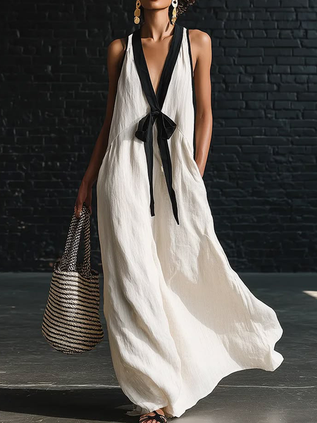 Casual Color Block V Neck Cotton And Linen Maxi Dress, Off white, Maxi Dresses
Casual Color Block V Neck Cotton And Linen Maxi Dress, Off white, Maxi Dresses