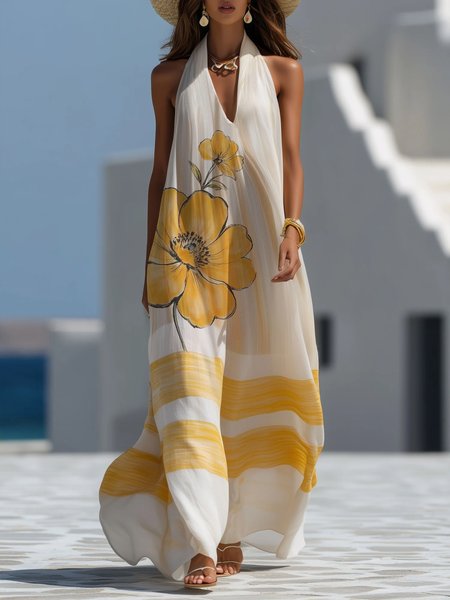 Vacation Floral Halter Neck Maxi Dress, Yellow, Maxi Dresses
Vacation Floral Halter Neck Maxi Dress, Yellow, Maxi Dresses