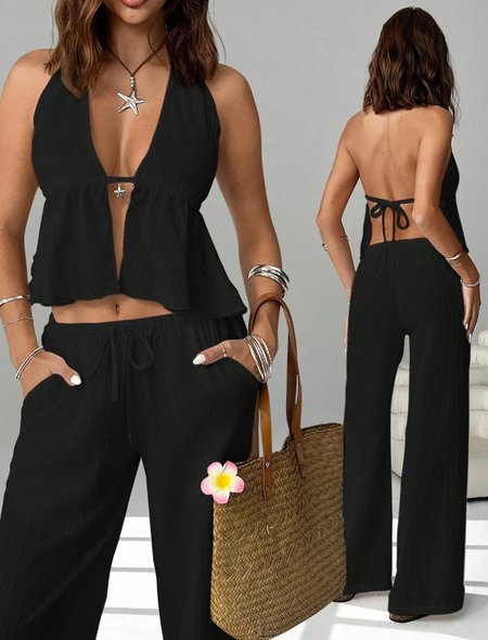 Women Plain Two-Piece Set Daily Sleeveless Vintage Summer Top With Pants Matching Set, Black, Sets
Women Plain Two-Piece Set Daily Sleeveless Vintage Summer Top With Pants Matching Set, Black, Sets