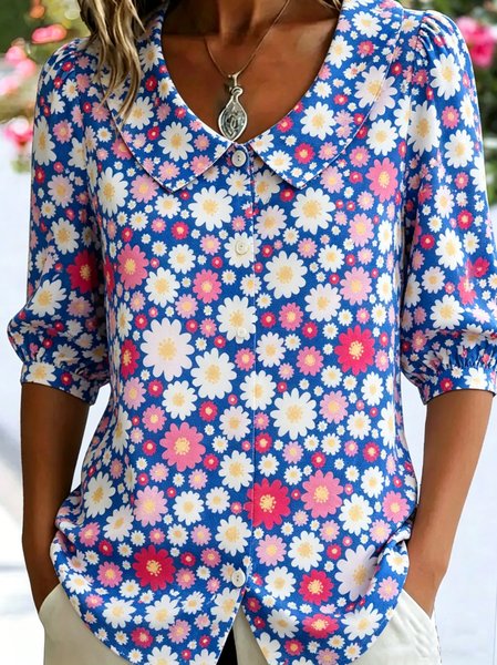 Shawl Collar Half Sleeve Floral Regular Loose Shirt For Women, Blue, Shirts
Shawl Collar Half Sleeve Floral Regular Loose Shirt For Women, Blue, Shirts