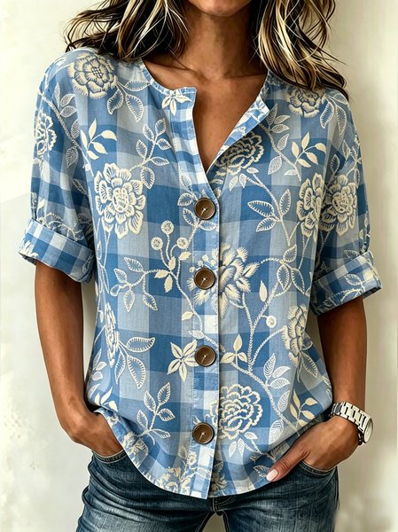 Stand Collar Three Quarter Sleeve Floral Regular Loose Shirt For Women, Blue, Shirts
Stand Collar Three Quarter Sleeve Floral Regular Loose Shirt For Women, Blue, Shirts