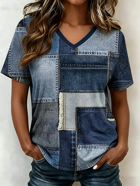 Vintage Faux Denim Print Graphic V Neck Short Sleeve T-shirt, Denim blue, T-shirts
Vintage Faux Denim Print Graphic V Neck Short Sleeve T-shirt, Denim blue, T-shirts