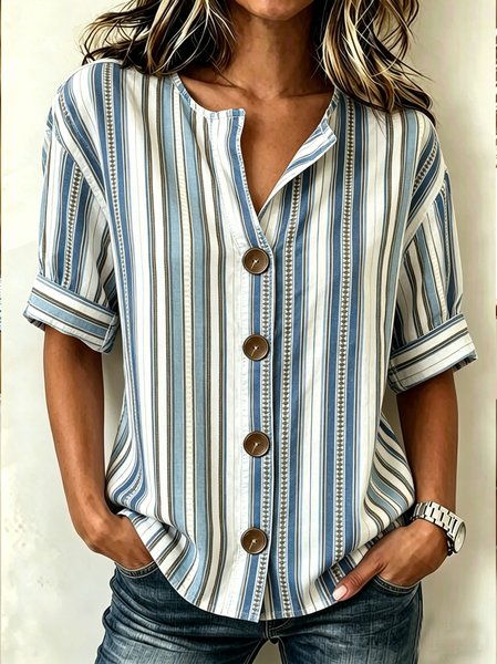 Stand Collar Three Quarter Sleeve Striped Regular Loose Shirt For Women, Blue, Shirts
Stand Collar Three Quarter Sleeve Striped Regular Loose Shirt For Women, Blue, Shirts