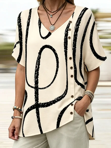 V Neck Short Sleeve Geometric Regular Loose Blouse For Women, Apricot, T-shirts
V Neck Short Sleeve Geometric Regular Loose Blouse For Women, Apricot, T-shirts