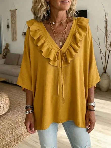 V Neck Half Sleeve Plain Regular Loose Blouse For Women, Yellow, Blouses
V Neck Half Sleeve Plain Regular Loose Blouse For Women, Yellow, Blouses