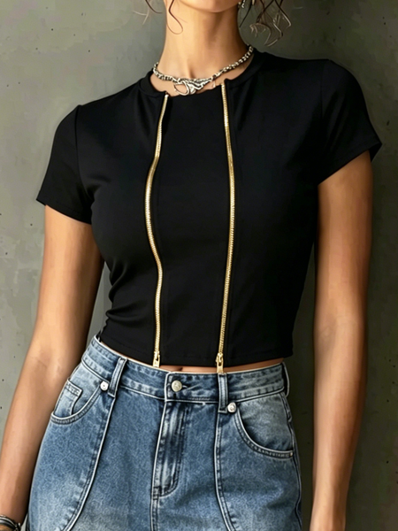 Casual Plain Zipper Crew Neck T-shirt, Black, Tees
Casual Plain Zipper Crew Neck T-shirt, Black, Tees