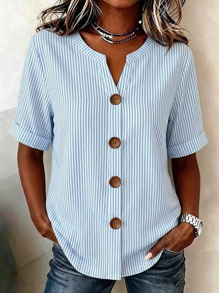 V Neck Short Sleeve Striped Regular Loose Shirt For Women, Blue, Shirts
V Neck Short Sleeve Striped Regular Loose Shirt For Women, Blue, Shirts