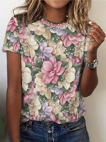 Casual Floral Crew Neck Short Sleeve T-shirt, As picture, T-shirts
Casual Floral Crew Neck Short Sleeve T-shirt, As picture, T-shirts