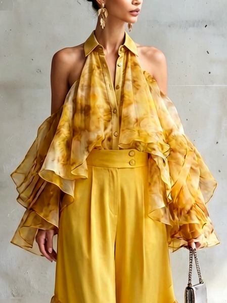 Elegant Ombre Printing Shirt Collar Off Shoulder Sleeve Shirt, Yellow, Blouses and Shirts
Elegant Ombre Printing Shirt Collar Off Shoulder Sleeve Shirt, Yellow, Blouses and Shirts