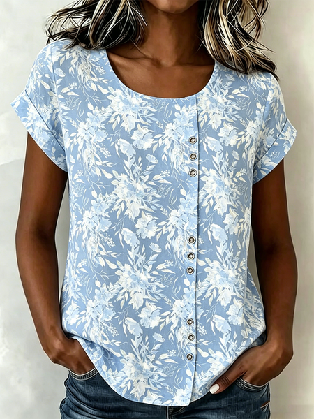 Crew Neck Short Sleeve Floral Regular Loose Shirt For Women, Blue, Shirts
Crew Neck Short Sleeve Floral Regular Loose Shirt For Women, Blue, Shirts