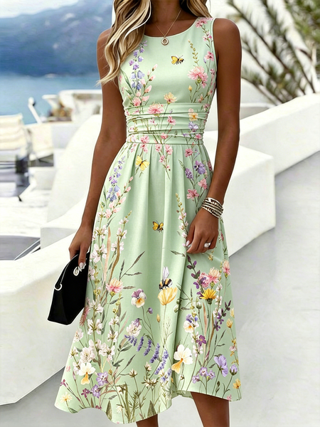 Women Floral Summer Dress Crew Neck Sleeveless A-Line Dress, Green, Dresses
Women Floral Summer Dress Crew Neck Sleeveless A-Line Dress, Green, Dresses