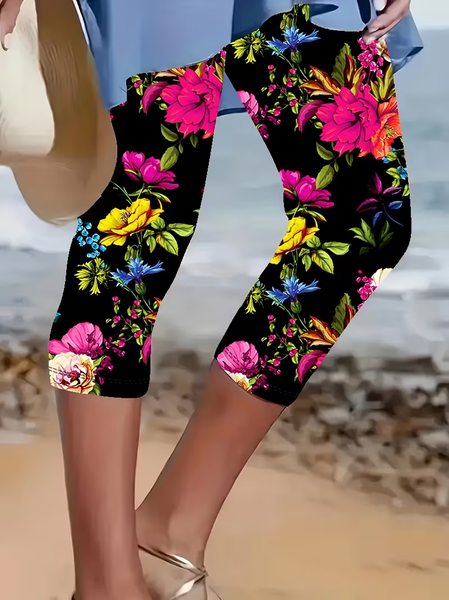 Women Floral Capris Elastic Waist Pants Casual Summer Trousers, Black, Leggings