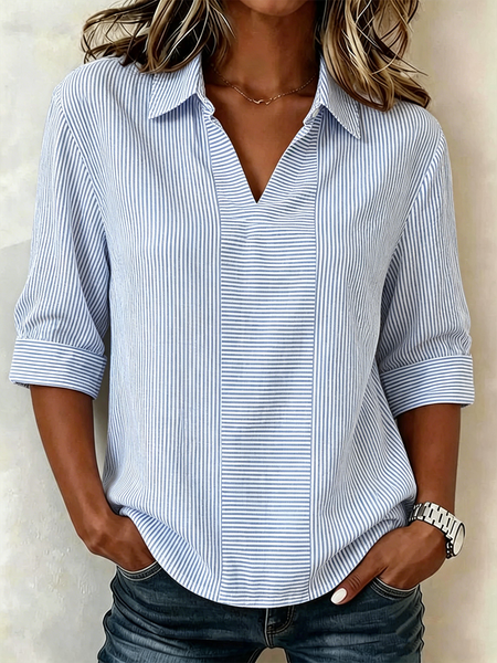 Shawl Collar Half Sleeve Striped Lightweight Loose Shirt For Women, Blue, Blouses
Shawl Collar Half Sleeve Striped Lightweight Loose Shirt For Women, Blue, Blouses