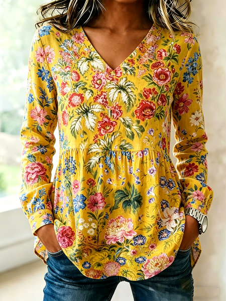 V Neck Long Sleeve Floral Regular Loose Shirt For Women, Yellow, Blouses