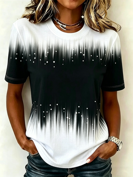 Casual Gradient Pattern Crew Neck Short Sleeve T-shirt, Black-white, Blouses