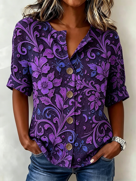 V Neck Half Sleeve Floral Regular Loose Shirt For Women, Purple, Shirts