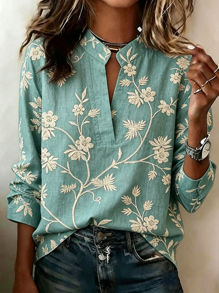 V Neck Long Sleeve Floral Regular Loose Blouse For Women, Cyan, Blouses
V Neck Long Sleeve Floral Regular Loose Blouse For Women, Cyan, Blouses