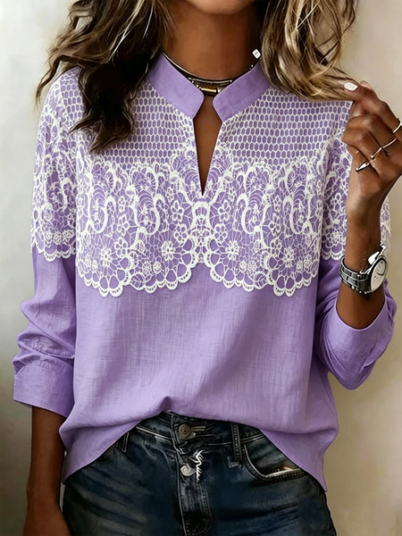 V Neck Long Sleeve Floral Regular Loose Blouse For Women, Purple, Blouses