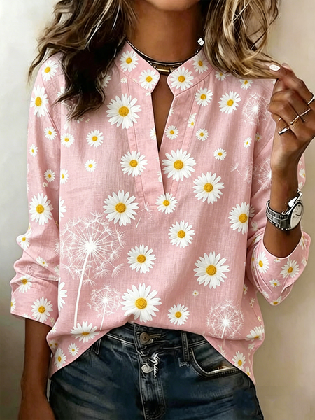 V Neck Long Sleeve Floral Regular Loose Blouse For Women, Pink, Blouses
