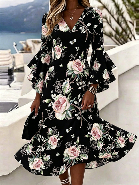 Women Floral Bell Sleeve Summer Dress V Neck Half Sleeve A-Line Dress, Black, Dresses
