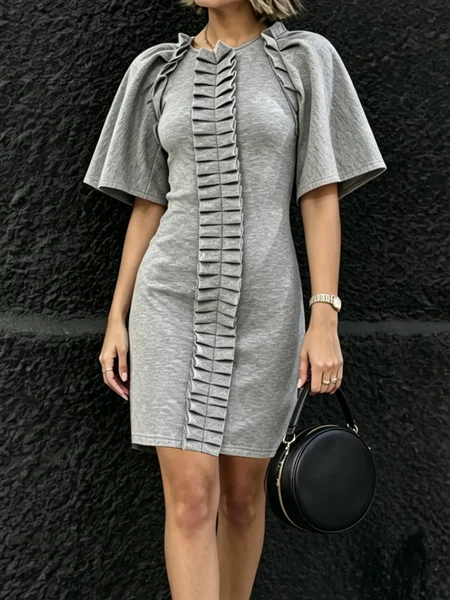 Urban Plain Ruched Crew Neck Mini Dress, Gray, Mini Dresses