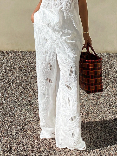 Casual Plain Embroidery Hollow out Straight Pants, White, Pants
Casual Plain Embroidery Hollow out Straight Pants, White, Pants
