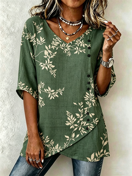 V Neck Short Sleeve Botanical Pattern Regular Loose Shirt For Women, Green, T-shirts
V Neck Short Sleeve Botanical Pattern Regular Loose Shirt For Women, Green, T-shirts