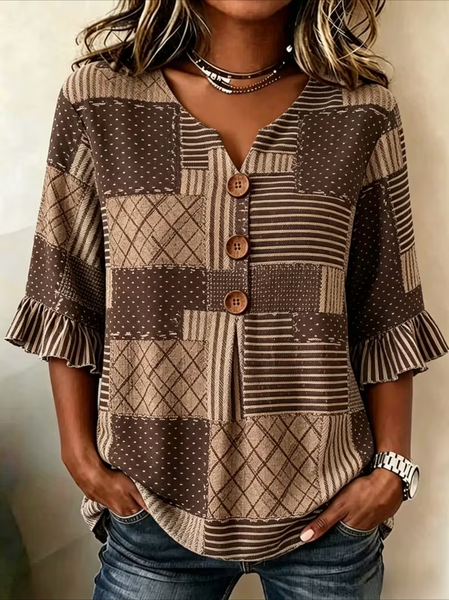 Women Striped V Neck Half Sleeve Blouse Printing Vintage Daily Summer Top, Brown, Blouses
Women Striped V Neck Half Sleeve Blouse Printing Vintage Daily Summer Top, Brown, Blouses