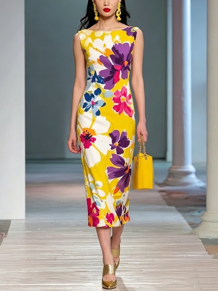 Elegant Floral Printing Boat Neck Midi Dress, Yellow, Midi Dresses
Elegant Floral Printing Boat Neck Midi Dress, Yellow, Midi Dresses
