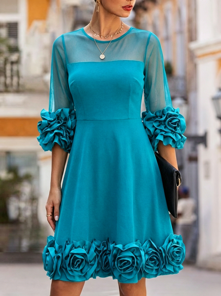 Elegant Plain 3D Floral Crew Neck Knee Length Dress, Lake blue, Mini Dresses
Elegant Plain 3D Floral Crew Neck Knee Length Dress, Lake blue, Mini Dresses