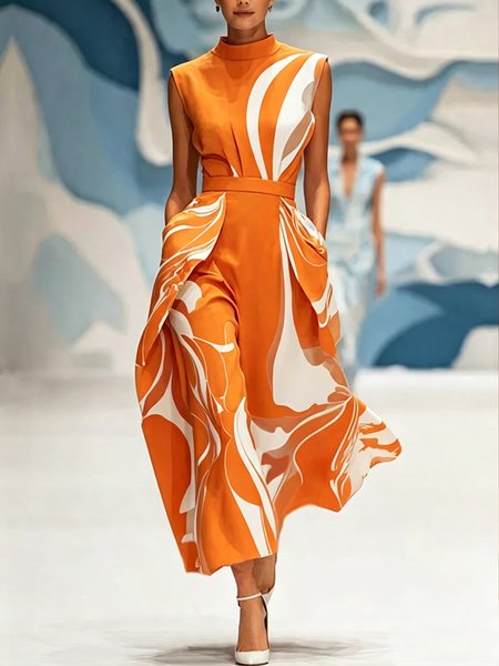 Elegant Abstract Printing Stand Collar Midi Dress, Orange, Maxi Dresses
Elegant Abstract Printing Stand Collar Midi Dress, Orange, Maxi Dresses