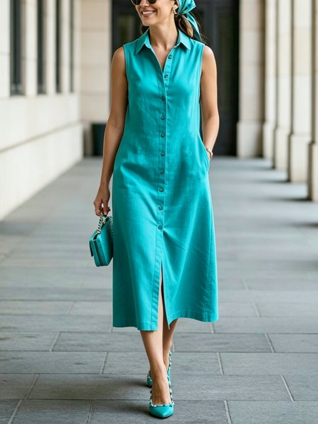 Cotton Casual Plain Buttoned Midi Dress, Cyan, Midi Dresses
Cotton Casual Plain Buttoned Midi Dress, Cyan, Midi Dresses