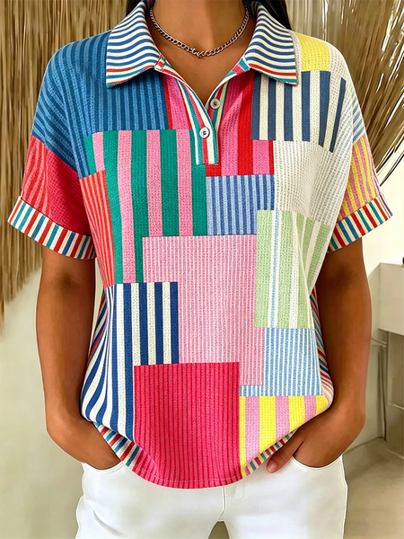 Vintage Striped Polo Collar Short Sleeve T-shirt, As picture, T-shirts
Vintage Striped Polo Collar Short Sleeve T-shirt, As picture, T-shirts