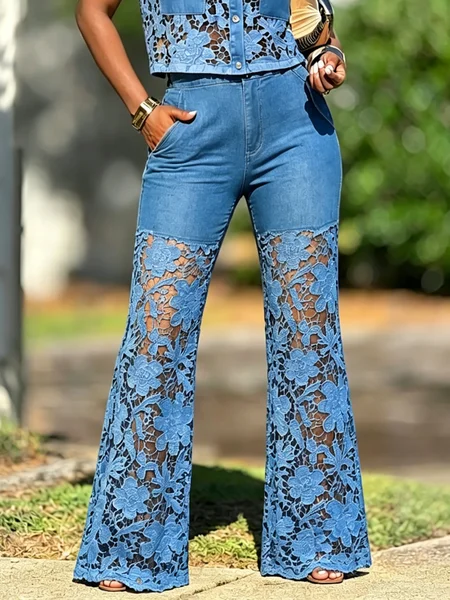 Loose Denim Urban Lace Distressing Plain Jeans, Blue, Jeans