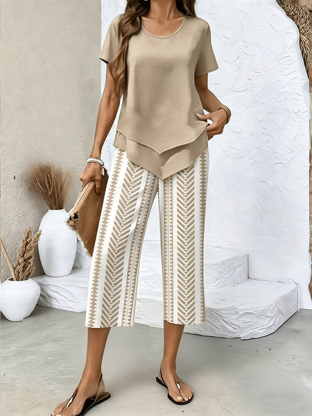 Women Abstract Printing Two-Piece Set Daily Short Sleeve Casual Summer Top With Pants Matching Set, Khaki, Suit Set
Women Abstract Printing Two-Piece Set Daily Short Sleeve Casual Summer Top With Pants Matching Set, Khaki, Suit Set