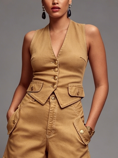 Casual Buttoned Plain V Neck Denim Vest, Camel, Vests and Gilets
Casual Buttoned Plain V Neck Denim Vest, Camel, Vests and Gilets