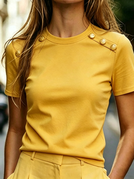 Casual Plain Button Detail Crew Neck T-shirt, Yellow, Tees
Casual Plain Button Detail Crew Neck T-shirt, Yellow, Tees