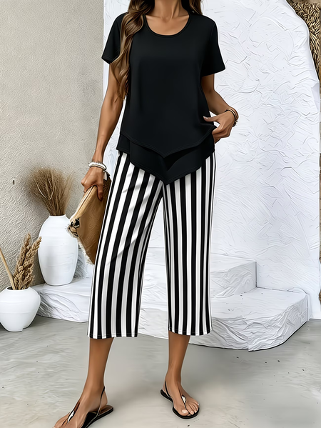 Women Striped Printing Two-Piece Set Daily Short Sleeve Casual Summer Top With Pants Matching Set, Black, Suit Set
Women Striped Printing Two-Piece Set Daily Short Sleeve Casual Summer Top With Pants Matching Set, Black, Suit Set