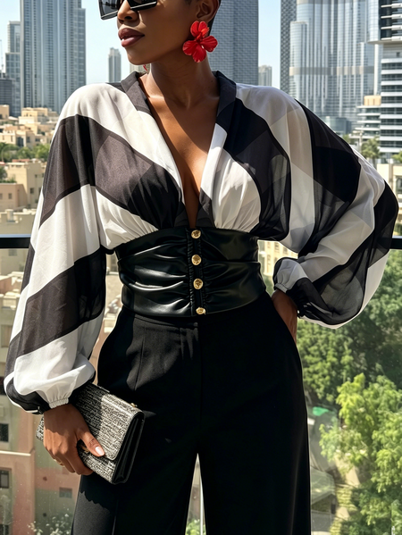 Urban Striped Split Joint V Neck Shirt, Black, Blouses and Shirts
Urban Striped Split Joint V Neck Shirt, Black, Blouses and Shirts