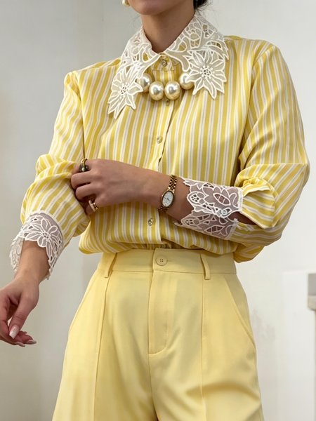 Cotton Urban Striped Split Joint Lace Shirt, Yellow, Blouses and Shirts
Cotton Urban Striped Split Joint Lace Shirt, Yellow, Blouses and Shirts
