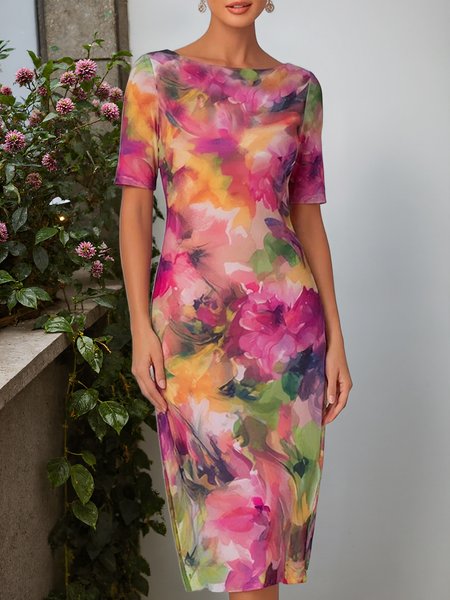 Elegant Floral Printing Boat Neck Midi Dress, Pink, Midi Dresses
Elegant Floral Printing Boat Neck Midi Dress, Pink, Midi Dresses