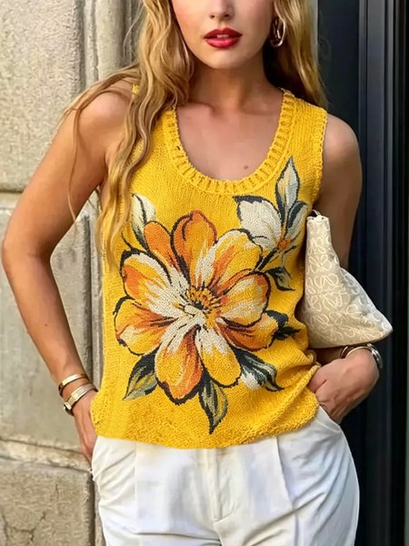 Casual Floral Printing Crew Neck Knit Top, Yellow, Pullovers
Casual Floral Printing Crew Neck Knit Top, Yellow, Pullovers