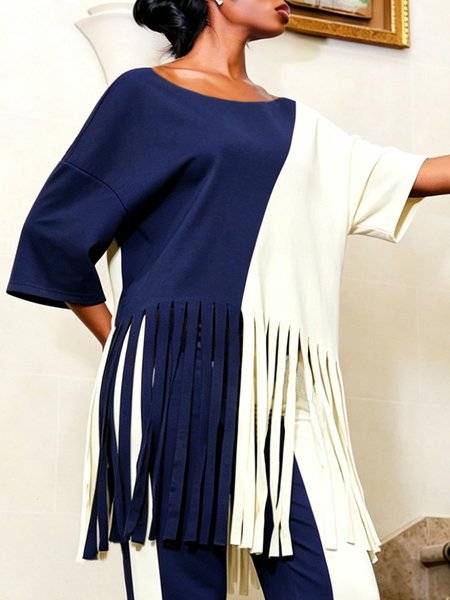 Casual Color Block Tassel Crew Neck T-shirt, White-blue, Tees
Casual Color Block Tassel Crew Neck T-shirt, White-blue, Tees