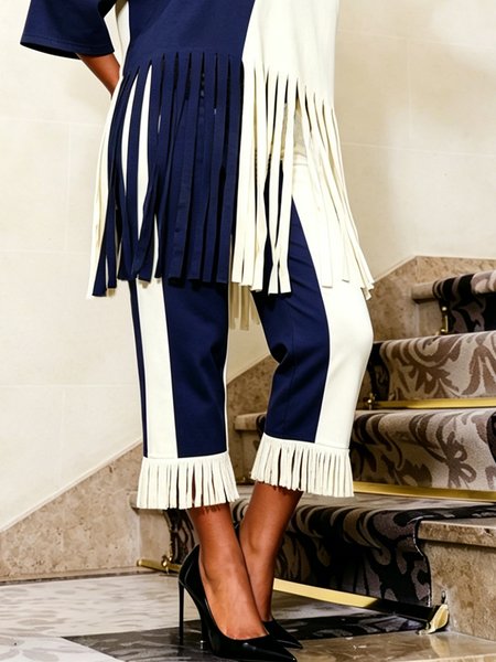 Casual Color Block Tassel Straight Pants, White-blue, Pants
Casual Color Block Tassel Straight Pants, White-blue, Pants