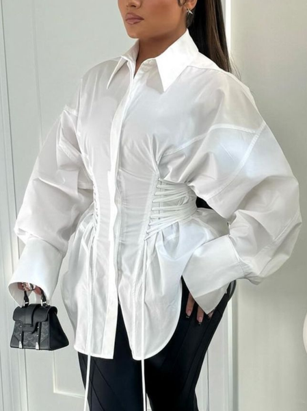 Urban Plain Drawstring Raglan Sleeves Shirt, White, Blouses and Shirts