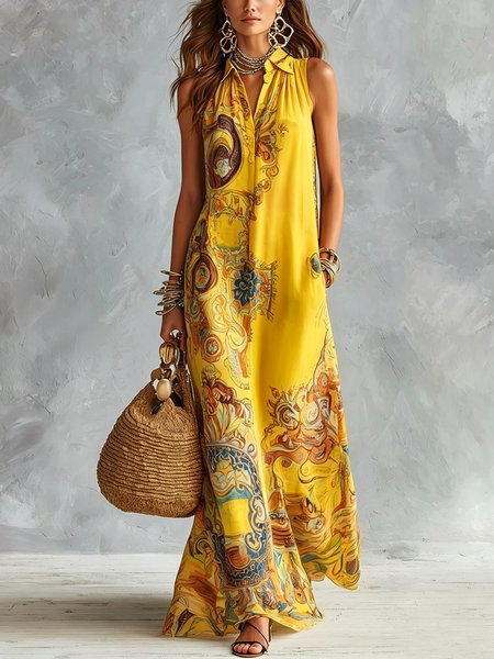 Vacation Ethnic Printing Shirt Collar Maxi Dress, Yellow, Maxi Dresses
Vacation Ethnic Printing Shirt Collar Maxi Dress, Yellow, Maxi Dresses