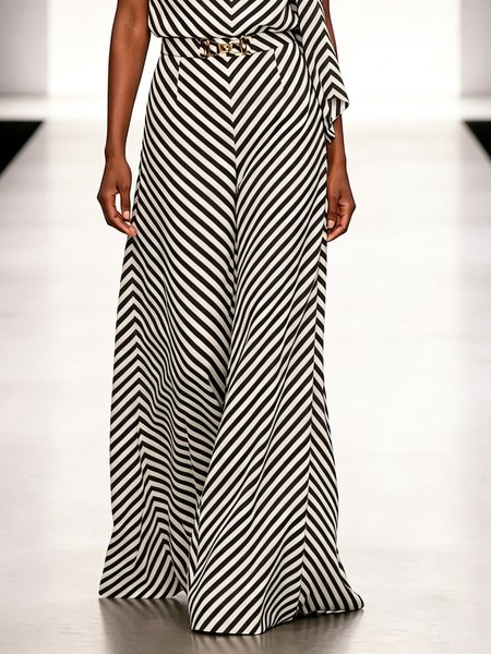 Urban Striped Printing Geometric Color Block Grommets Wide Leg Pants, Black, Pants