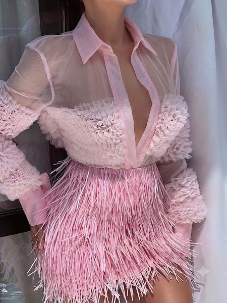 Elegant Plain Ruched Shirt Collar Shirt, Pink, Blouses and Shirts