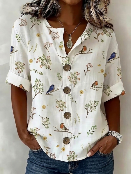 Stand Collar Long Sleeve Floral Regular Loose Shirt For Women, White, Shirts
Stand Collar Long Sleeve Floral Regular Loose Shirt For Women, White, Shirts